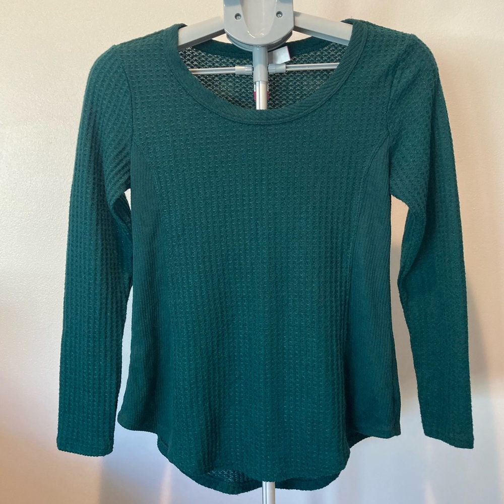No Boundaries Women L Dark Forest Emerald Green Waffle Sweater Light Comfy Slim